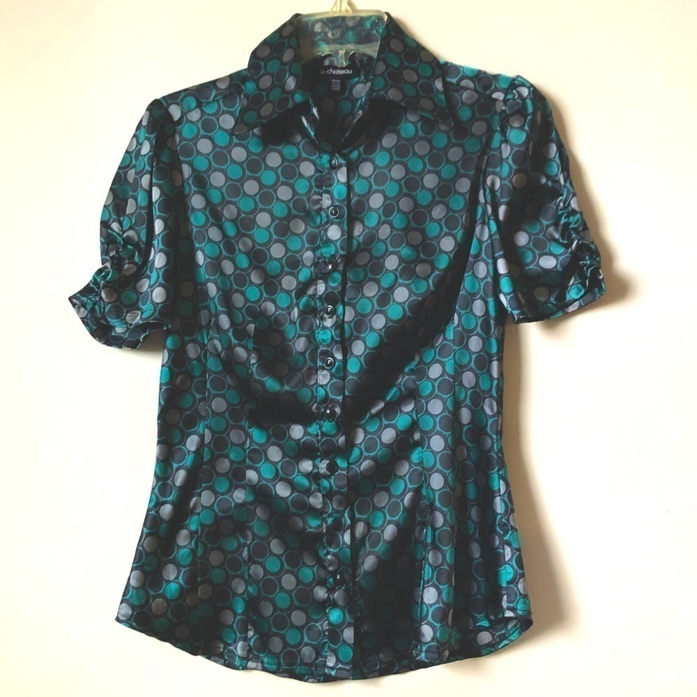 Vintage Le Chateau Fitted Blouse Satin Look Polka Dot